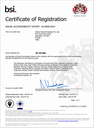 Vishal Tools & Forgings Pvt Ltd's SA-8000 certificate